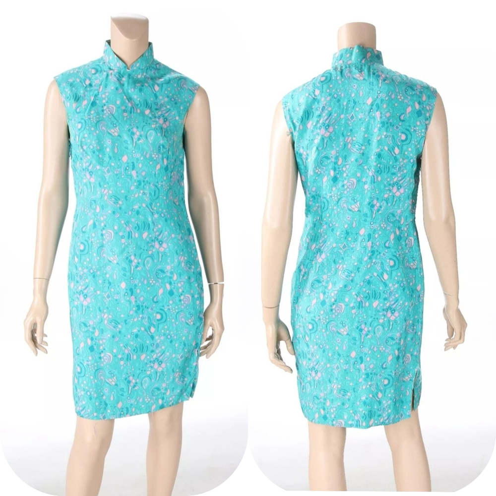 Unbranded Vintage 60s Blue & Pink Print Nehru Collar Silk Cocktail Dress size 8